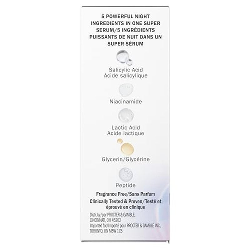 Olay Super Serum Night Repair, Fragrance-Free - Niacinamide, Peptide, Salicylic & Lactic Acid, Glycerin - 5-in-1 Skin Care Benefits - Hydrating, Evens Tone, Reduces Dark Spots, Anti-Aging, 1.7 Oz