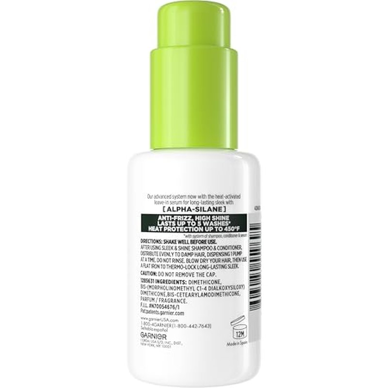Garnier Fructis Sleek and Shine Sleek and Stay Hair Serum for Frizzy, Dry Hair, Heat Protectant Formulated with Alpha Silane, 1.7 Fl Oz(Packaging May Vary)