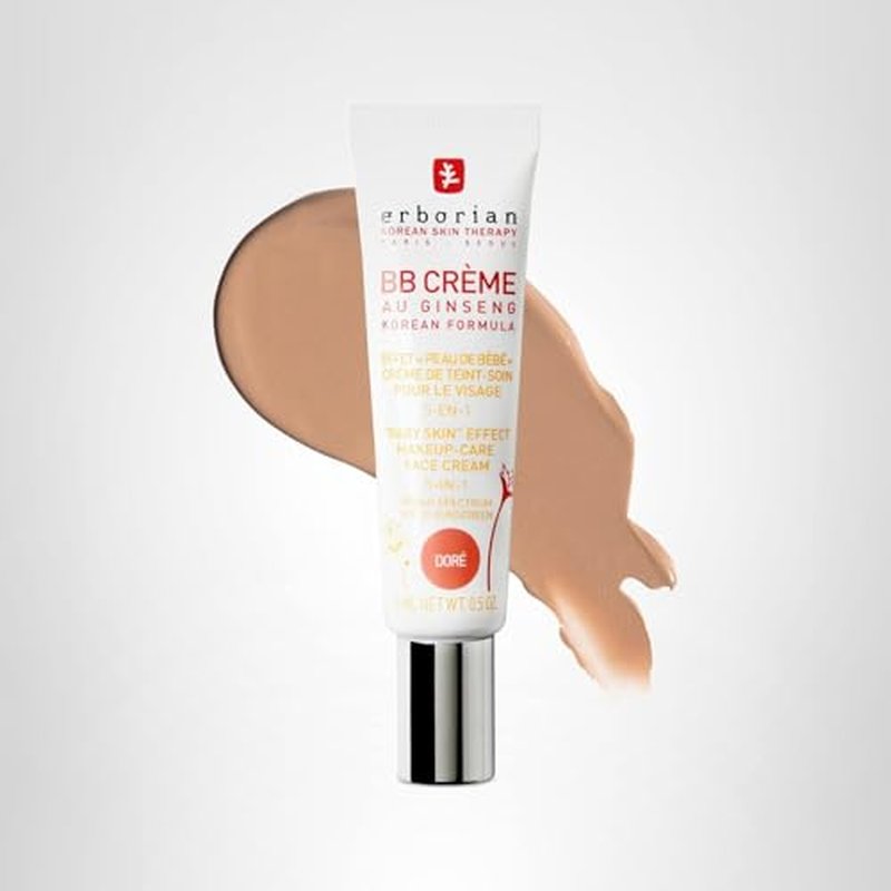 Erborian BB Cream with Ginseng, Doré (Golden/Tan) - Lightweight Buildable Coverage with SPF 20 & Ultra-Soft Matte Finish Minimizes Pores & Imperfections - Korean Face Skincare - 0.5 Oz