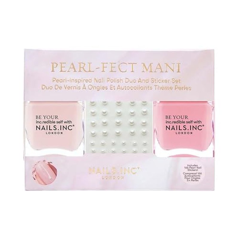 Nails Inc Pearl-Fect Mani Duo & Stickers, Long Lasting, Glossy Nail Color, High Shine, Airy Dry, Full Coverage, Chip Resistant, Salon Quality Manicure, Nail Kit, Wedding Season Nails, 3 Piece Set