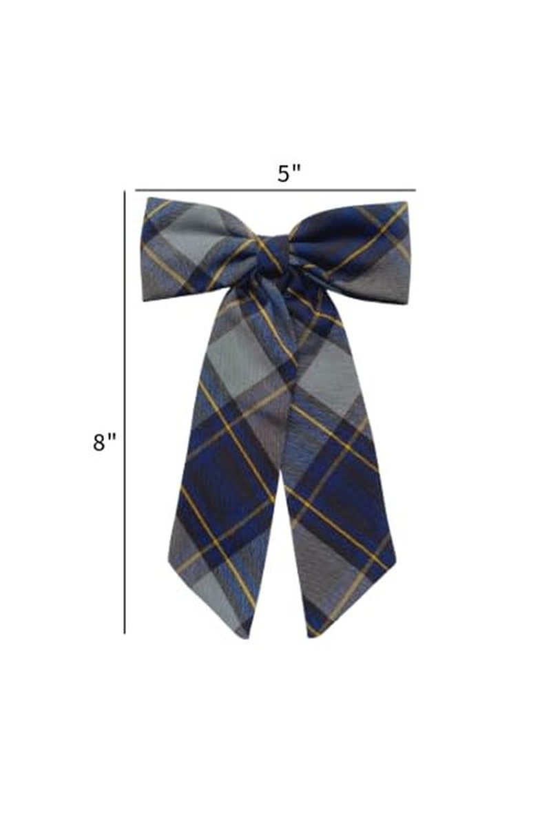 ClassExceed Jumbo Hair Bow for Girls – Extra Large 5"x8" with Long Tail & Secure French Barrette – Durable Yarn-Dyed Fabric – Elegant Back to School Accessory (Classic Navy Plaid- Blue Gold Gray #57)