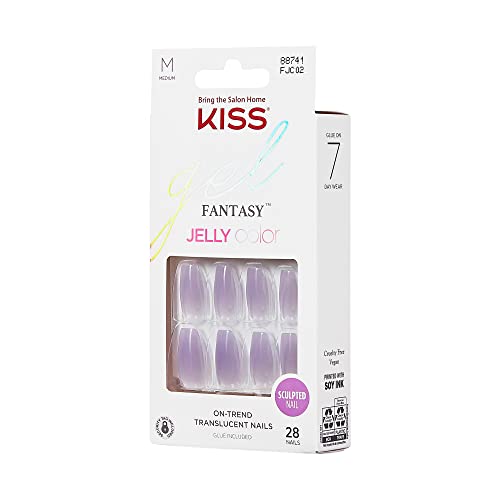 KISS Gel Fantasy, Press On Nails, Nail glue included, 'Quince Jelly', Purple, Medium Size, Coffin Shape, Includes 28 Nails, 2g glue, 1 Manicure Stick, 1 Mini File (Pack of 2)