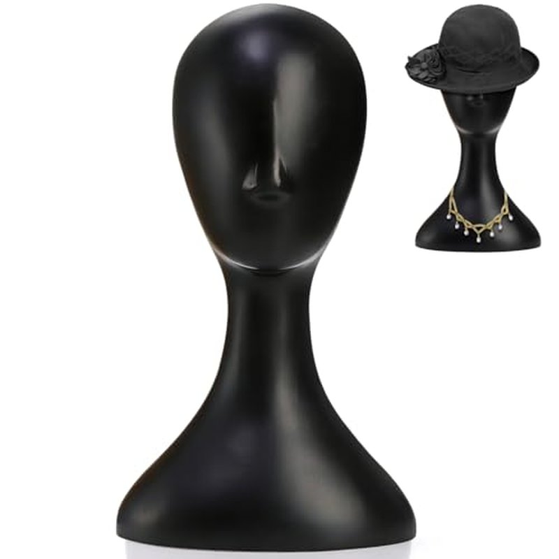Acshio Professional Plastic Mannequin Head, 16 Inch Model Wig Head Stand with Neck for Women Men, Styling Making Display Holder with Jack for Hat, Mask, Headdress, Necklace, Black