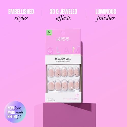 KISS GLAM Jeweled Press On Nails, Wrapped in Beauty, Pink, Long, Square, 32 Count