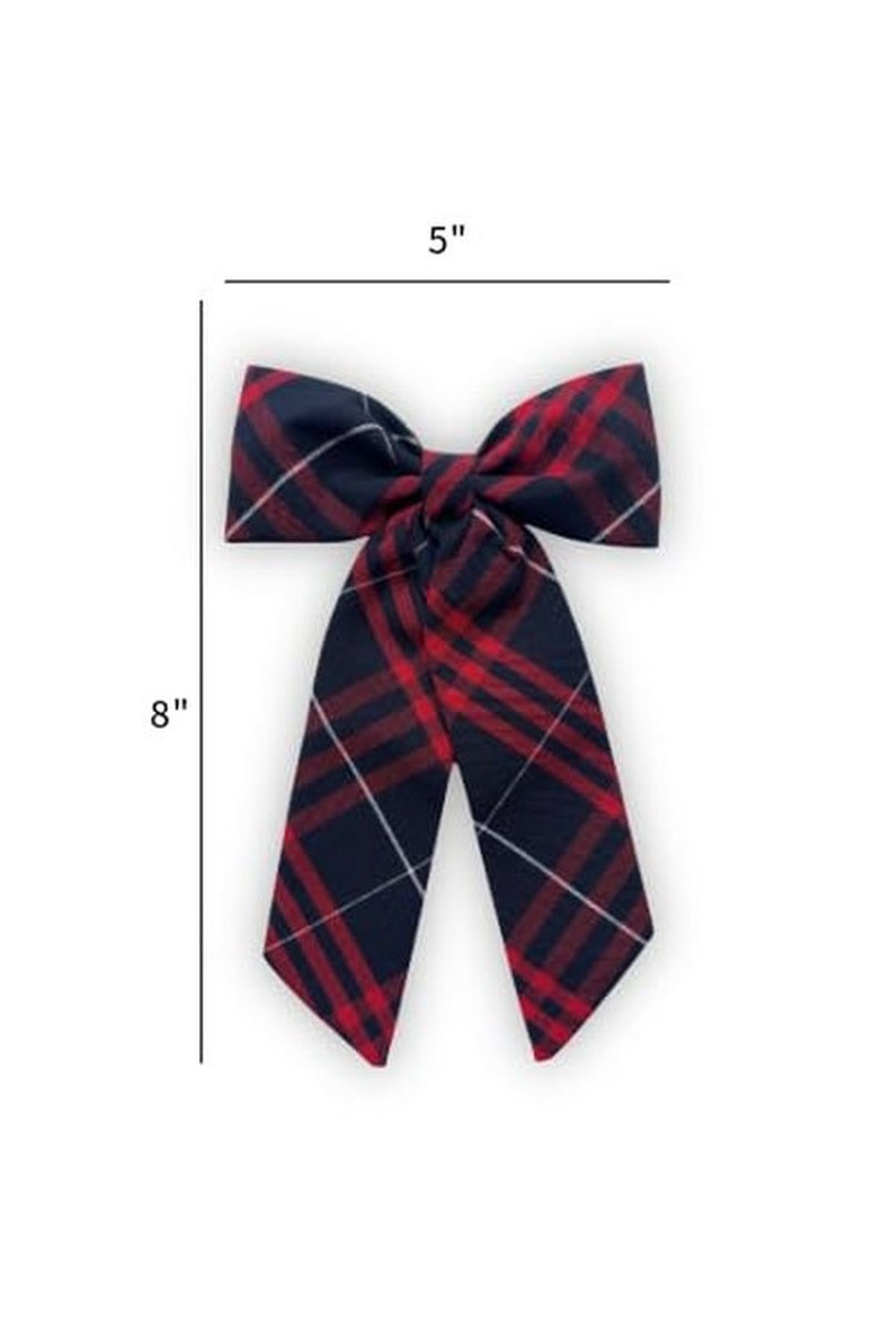 ClassExceed Jumbo Plaid Hair Bow for Girls – Extra Large 5"x8" with Long Tail & Secure French Barrette – Durable Yarn-Dyed Fabric – Elegant Back to School Accessory (Dark Navy and Red Plaid #37)