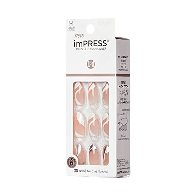 KISS imPRESS No Glue Mani Press On Nails, Design, 'On My Mind', White, Medium Size, Almond Shape, Includes 30 Nails, Prep Pad, Instructions Sheet, 1 Manicure Stick, 1 Mini File