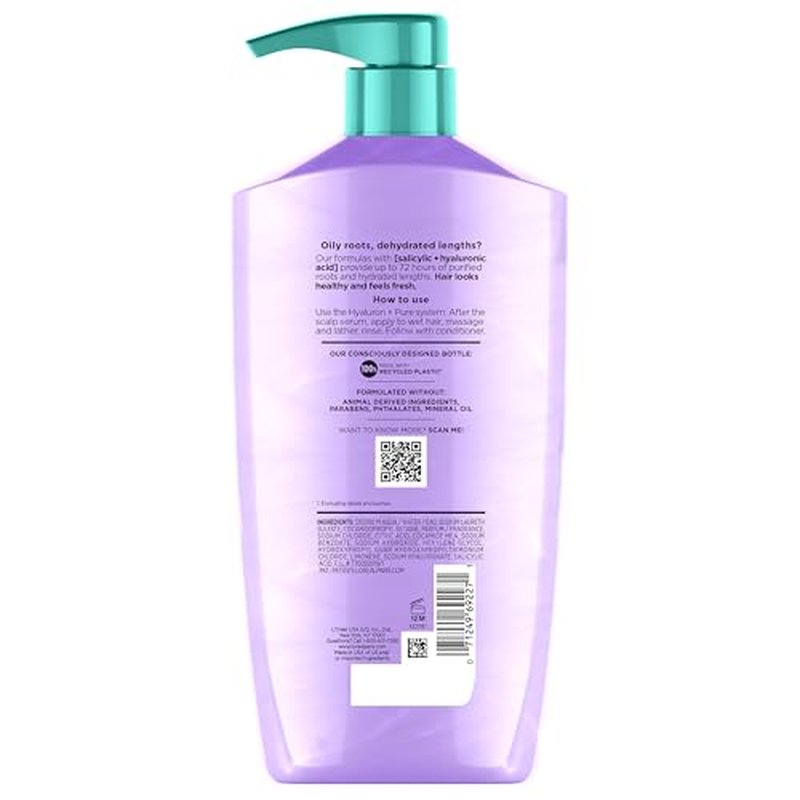 L'Oreal Paris Elvive Hyaluron + Pure 72H Purifying Shampoo for Oily Hair, Clarifying Shampoo with Salicylic Acid and Hyaluronic Acid, 28 Fl Oz