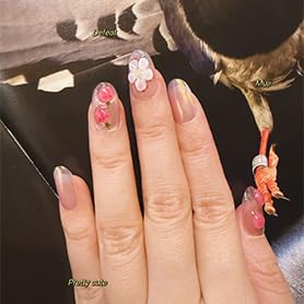 10 Medium Handmade Press On Nails | with 3D Floral and French design False Nails | Skip Salon Trips, Easy to Apply & Remove, Reusable (A008, M)