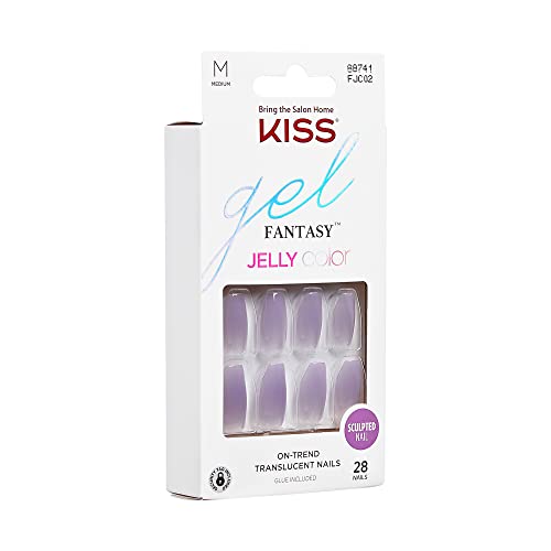 KISS Gel Fantasy, Press On Nails, Nail glue included, 'Quince Jelly', Purple, Medium Size, Coffin Shape, Includes 28 Nails, 2g glue, 1 Manicure Stick, 1 Mini File (Pack of 2)