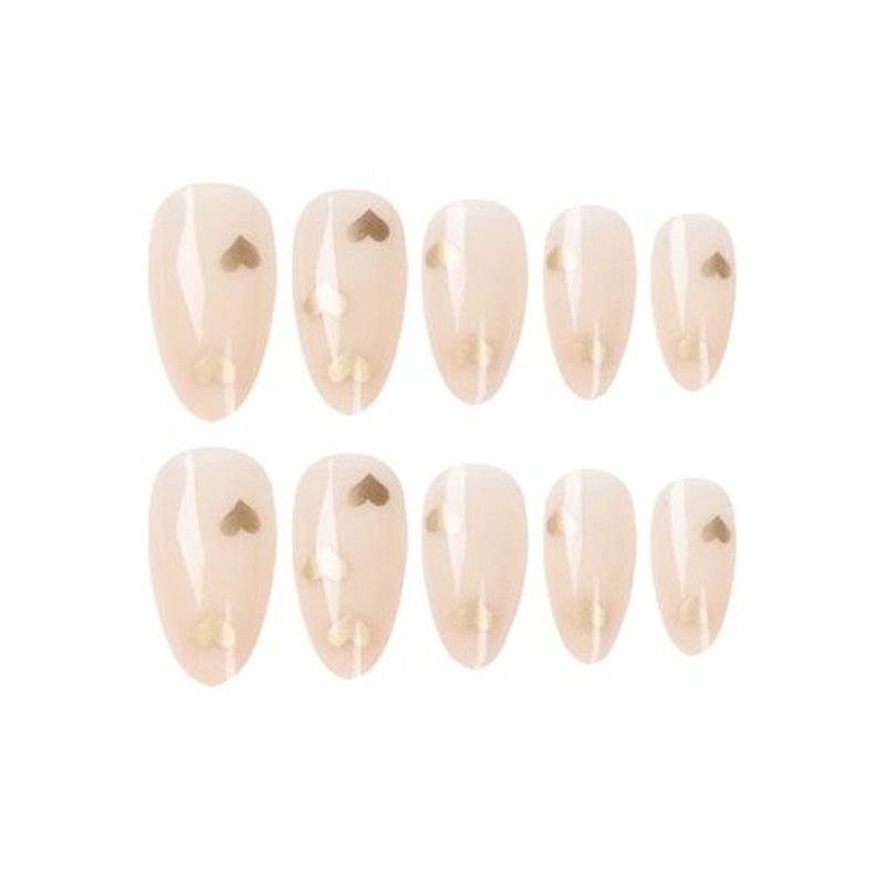 ORZOLATENT Valentine’s Day Heart Press-On Nails – 24 Long Almond Nails, 12 Sizes, Nude Glossy Base with Gold Heart Design, Romantic & Durable, Easy DIY Gift for Women