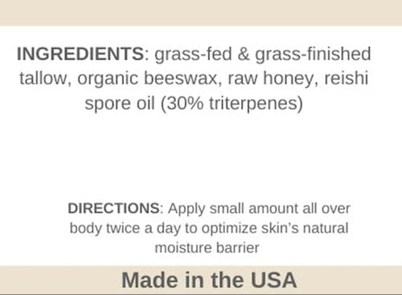 Reishi Tallow Body Balm - Unscented (2 oz) | Grass Fed Beef Tallow - Non-toxic, Paleo Friendly Skincare | Infused with Reishi Spore Extract | Moisturizing & Hydrating for Sensitive Skin