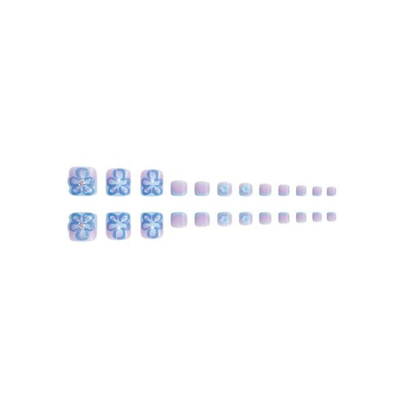48 Pcs Pink Press On Nails Long Square & Press On Toenails Set - YEFIUO Spring Blue French Fake Nails Press ons Nail Art Tips Glue on Nails Acrylic Nail Kit False Toe Nails with 3D Flower Design