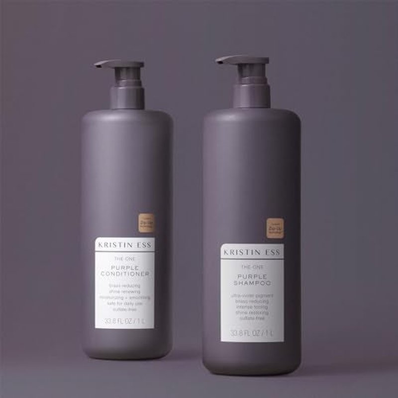 Kristin Ess Hair Purple Shampoo and Conditioner Set for Blonde, Brunette, Silver + Gray Hair, Anti Brass + Yellow Tones, Safe for Color Treated Hair, Sulfate Free Toning Shampoo Conditioner - 1 Liter