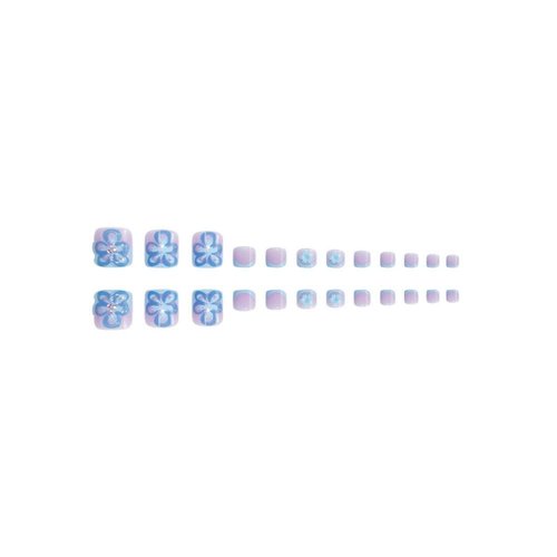48Pcs Blue French Tips Press on Nails 3D Flower Press on Toenails Short Square Fake Nails with Flower Charm Design Floral False Toenails Glossy Reusable Summer False Nails for Women Girls Manicure