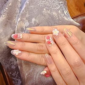 10 Medium Handmade Press On Nails | with 3D Floral and French design False Nails | Skip Salon Trips, Easy to Apply & Remove, Reusable (A008, M)