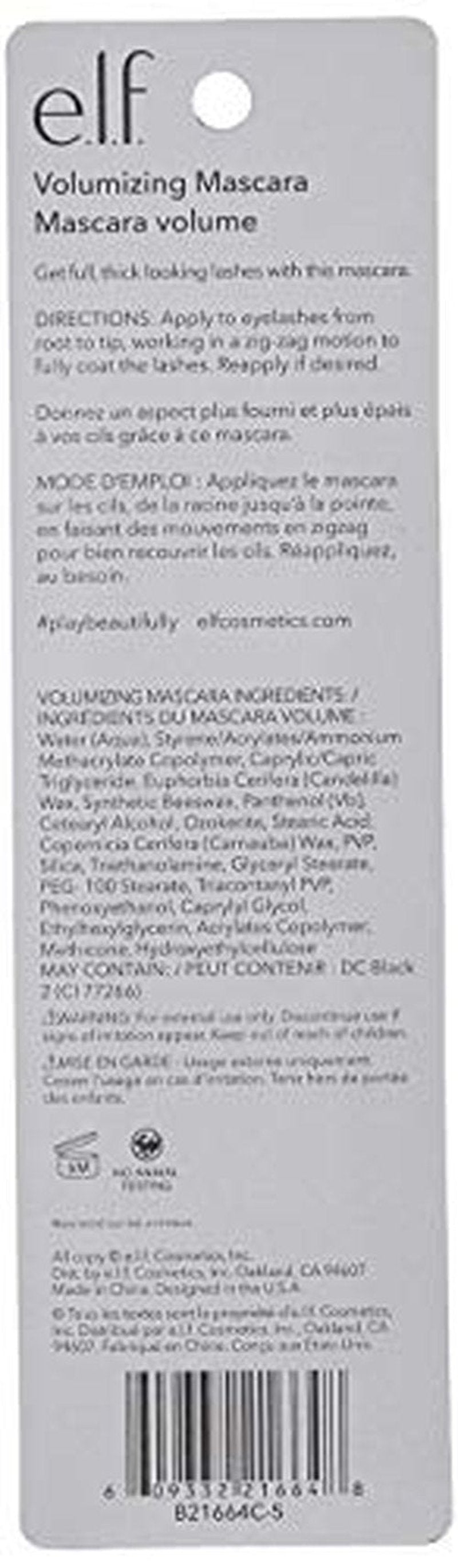 e.l.f. Cosmetics Volumizing Mascara, Mascara For Fuller, Thicker-Looking Lashes, Enriched With Vitamin E, Black,0.19 Fl Oz (Pack of 4)