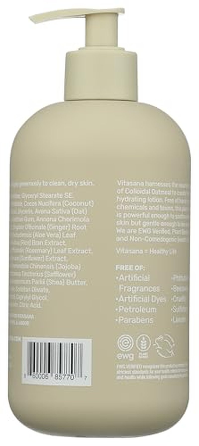 Vitasana Hydrating Hand & Body Lotion, 16 oz – Fragrance‑Free, 99% Plant‑Derived with 2% Colloidal Oatmeal, EWG Verified, Hypoallergenic, Paraben‑Free, Sulfate‑Free, Cruelty‑Free