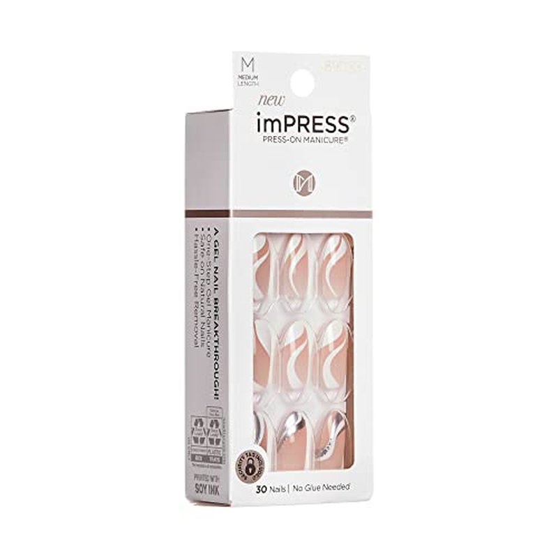 KISS imPRESS No Glue Mani Press On Nails, Design, 'On My Mind', White, Medium Size, Almond Shape, Includes 30 Nails, Prep Pad, Instructions Sheet, 1 Manicure Stick, 1 Mini File