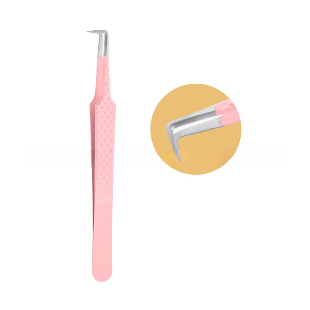 EYAKEG 90 Degree Lash Tweezers for Eyelash Extensions, Precision Fiber Tip Grip Mega Volume Lash Tweezers, Pink