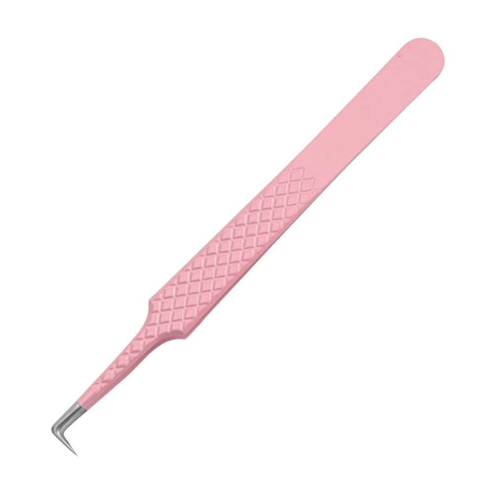 EYAKEG 90 Degree Lash Tweezers for Eyelash Extensions, Precision Fiber Tip Grip Mega Volume Lash Tweezers, Pink