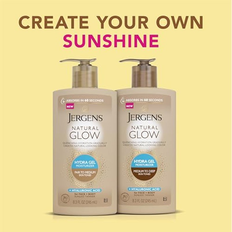 Jergens Natural Glow Hydra Gel Moisturizer, Hyaluronic Acid Tanning Lotion, Hydrating Tanning Gel, Fragrance-Free Self Tanner, Medium to Deep Skin Tones 8.3 Oz