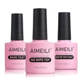 AIMEILI Soak Off U V LED Hema Free Cruelty Free Vegan Gel Nail Polish - Base Coat, Matte Top and No Wipe Top Coat Kit Set 10ML