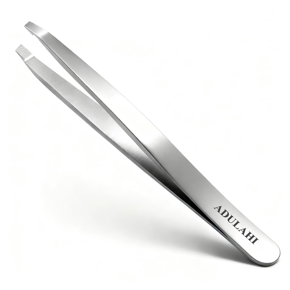 ADULAHI Professional Slant Tweezers for Eyebrows & Facial Hair - Precise Aligned Stainless Steel Remover with Storage Case(Pearl Silver)