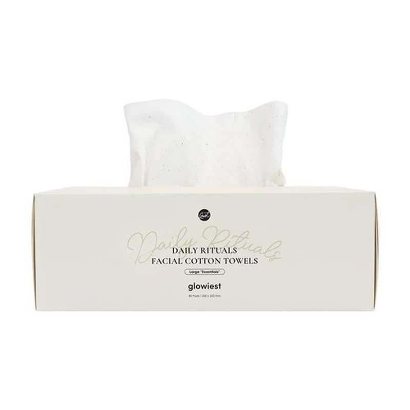 glowiest Daily Ritauls Facial Cotton Towels - Large Essentials, Biobased Face Towel, Disposable Face Towelette, Makeup Remover Dry Wipes, 1 Pack, 80 Ct