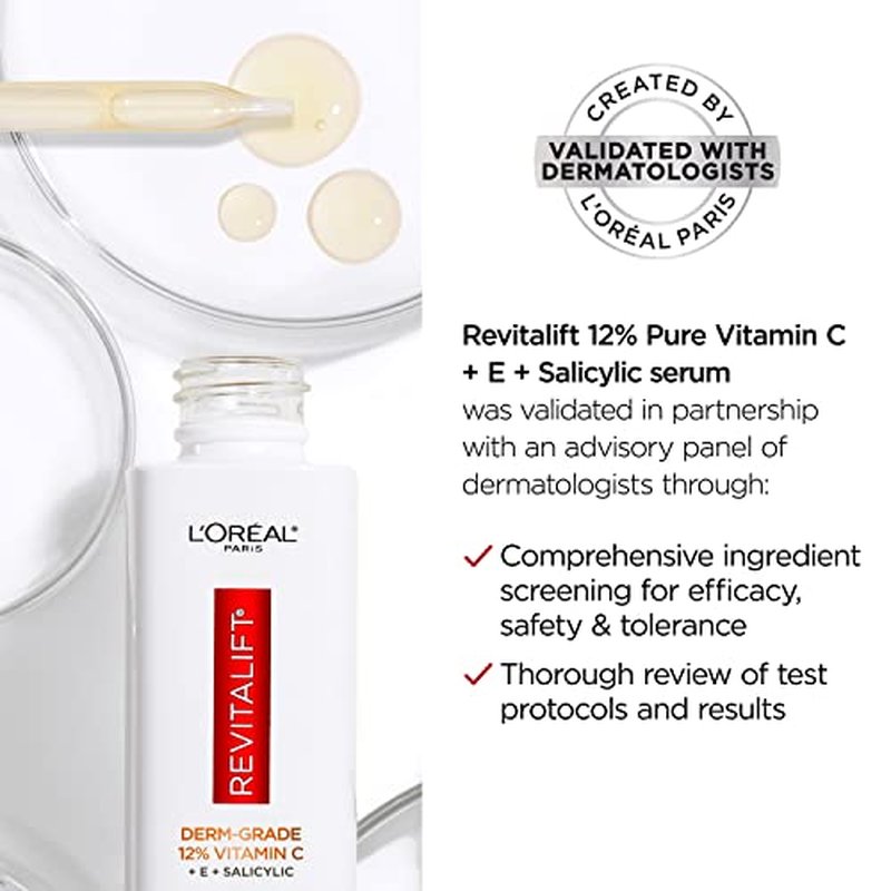 L'Oreal Paris Revitalift 12% Pure Vitamin C Serum, Brightening Serum For Face with Vitamin E, Salicylic Acid, 1 oz + Moisturizer Sample