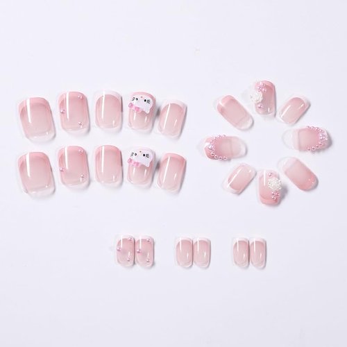 Pink French Tip Press on Nails Short Square Cute Fake Nails with Cat Flowers Nail Charms Design Full Cover Cartoon Acrylic Nails for Women DIY Party Nail Decoration Supply 24Pcs