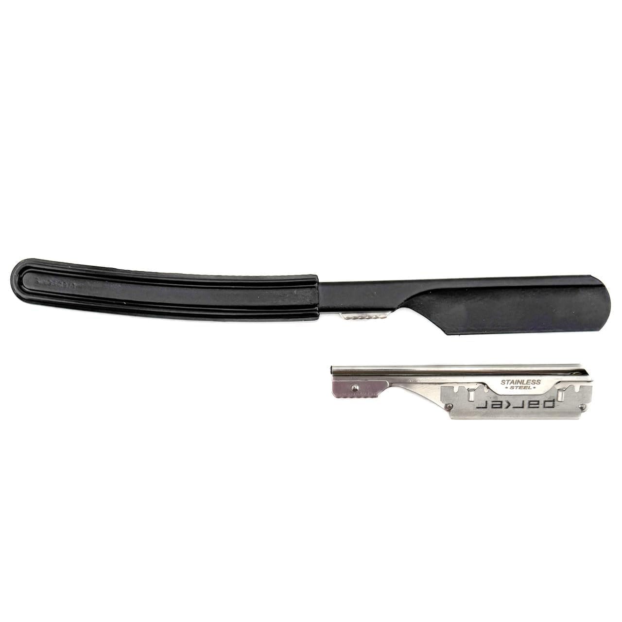 Parker Director Black Non-Folding Straight Barber Razor – Japanese-Style Razor with Stainless Steel Arm, Blade Protector Cap & Ergonomic Non-Slip Handle – Ideal for Professionals - 5 Blades Included