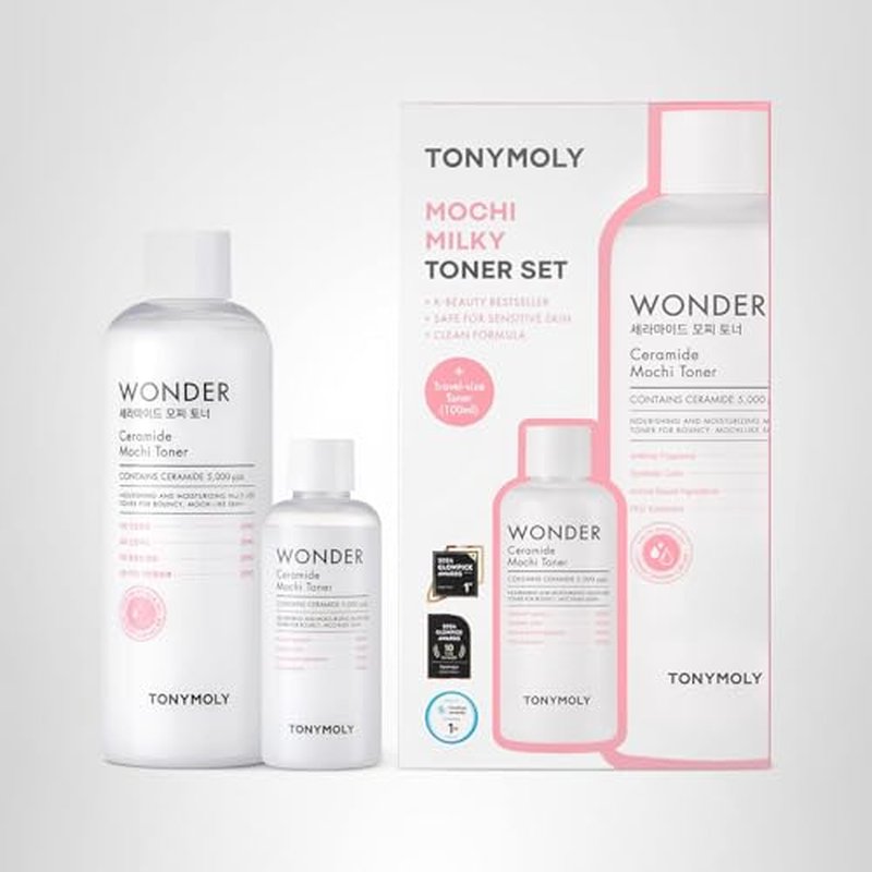 TONYMOLY Mochi Milky Toner Set – Hydrating Korean Toner with Ceramide, CICA, Panthenol & Hyaluronic Acid – Strengthens Skin Barrier, Soothes & Moisturizes – 500ml + 100ml Travel Size Duo