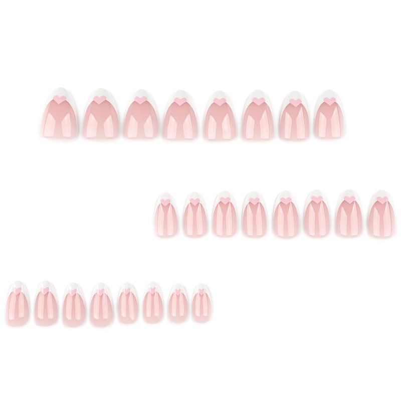 White French Tip Press on Nails Short Almond NEWSPIED Valentines Fake Nails with Pink Heart Designs French Tip False Nail Valentine Heart Nails Press ons Reusable Glossy Acrylic Nail for Women 24 Pcs