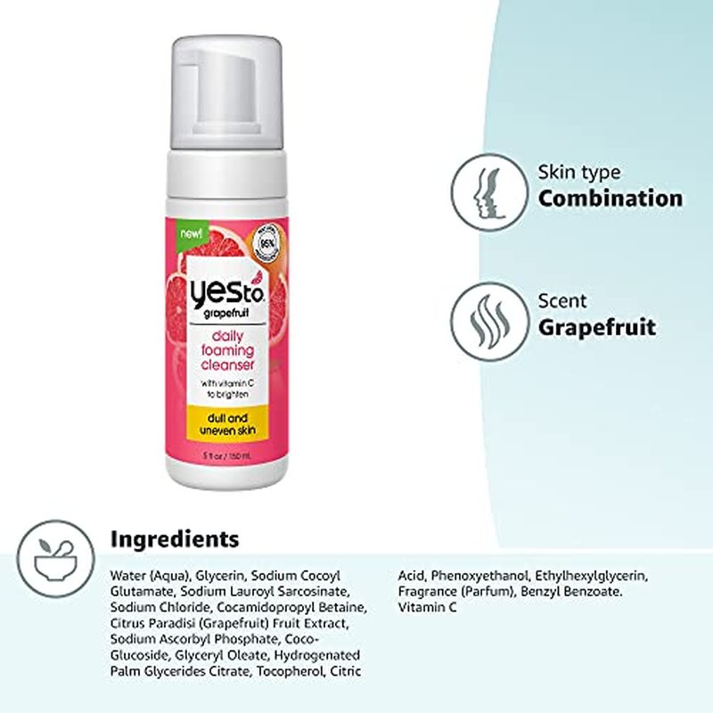 Yes To Grapefruit Daily Foaming Cleanser, Brightening Face Wash That Removes Make Up & Impurities Without Stripping Skin & Leaves You Glowing, With Vitamin C, Natural, Vegan & Cruelty Free, 5 Fl Oz