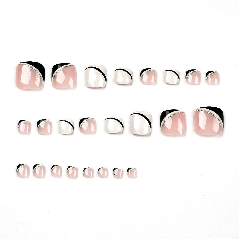 YOSOMK Press on Toenails Square Toe Nails Tips Glitter Silver Full Cover Glue on Toe Nails Nude Black and White Line Toe Nails Fake Nails Glossy Acrylic Summer False Toe Static Nails for Women 24Pcs