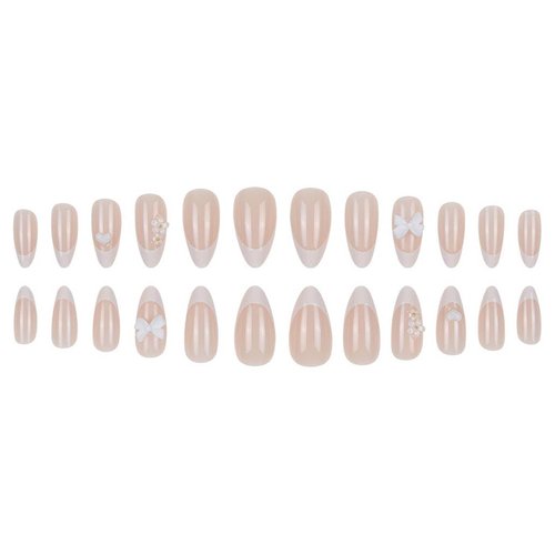 Foccna French Press on Nails Medium White Fake Nails Almond Glossy 3D Flower False Nail Tips Artificial Nails Finger Manicure for Women&Girls -24 pcs