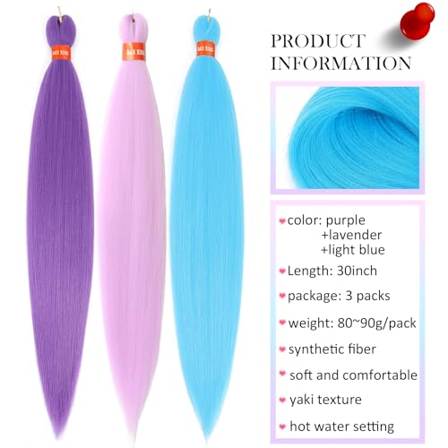 Colorful Pre Stretched Braiding Hair 30 Inch Festival Yaki Texture Braid Hair Extensions 3 Packs Braiding Hair Pre Stretched for All Occasions(purple+lavender+light blue)