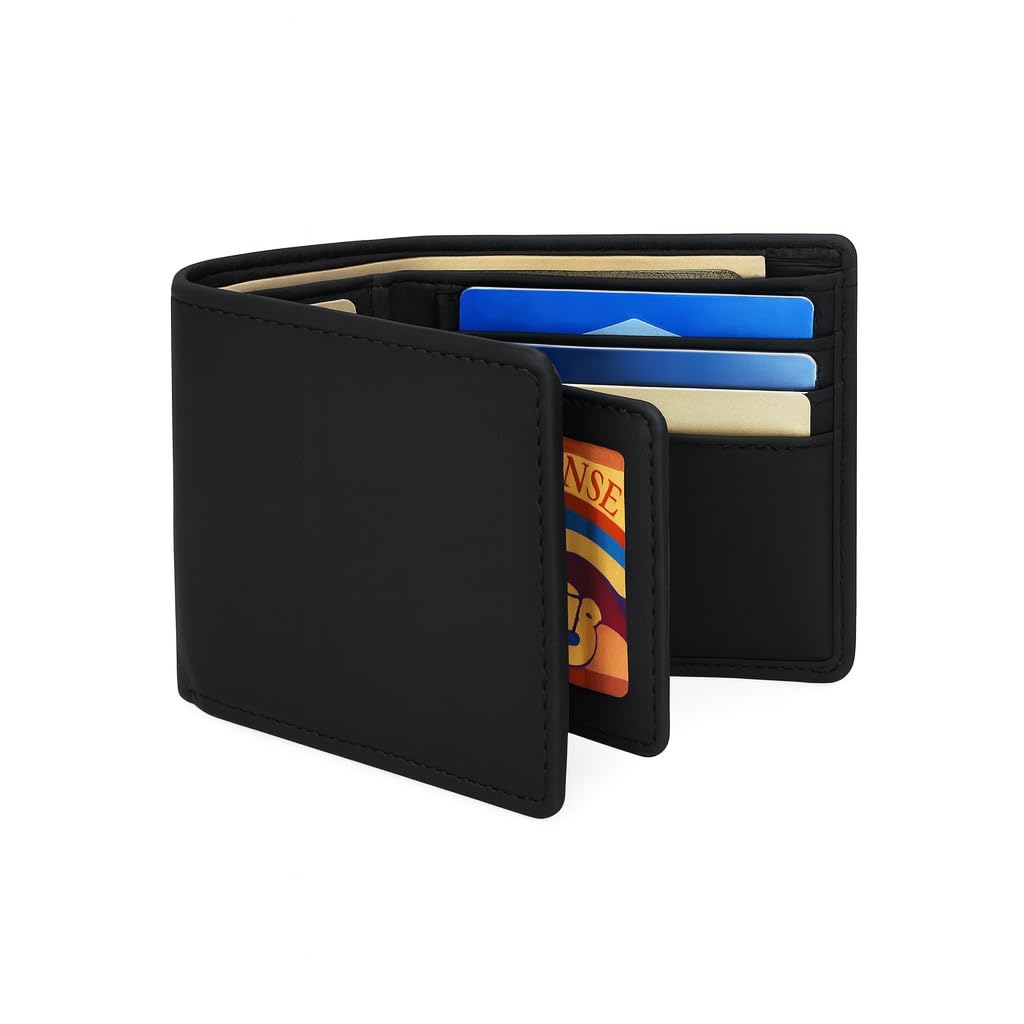 CestAntiQ Full Grain Leather RFID Blocking Bifold Wallet for Men with Guitar Pick Holder, Slim Leather Billfold, Classic Gift Wallet (Pass Case Wallet, Black)