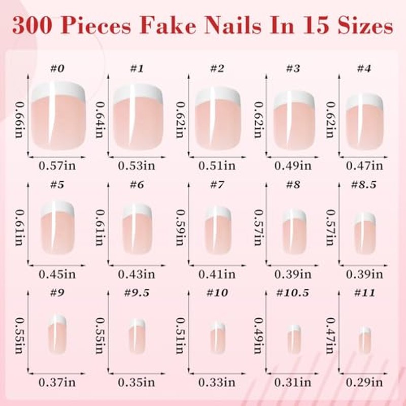 300pc White French Tips Press on Nails Short Square Fake Nails with Glue Tabs, Short Nails Press ons Nail Square Nude Pink Acrylic Nails French False Nail Artificial Fingernail 15 Sizes for Women