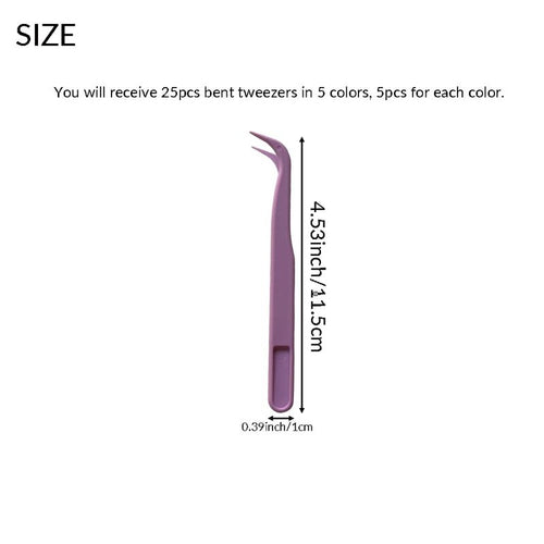 25 Pcs Bent Tweezers, 4.53inch Plastic Tweezers for Jewelry Making Disposable Stickers Animal Feeding, 5 Colors