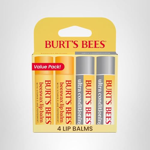 Burt's Bees Lip Balm Beeswax and Ultra Conditioning Lip Balm Pack, Hydrating Lip Moisturizer with Kokum and Shea Butter, Natural Origin Lip Care, 4 Tubes, 0.15oz.