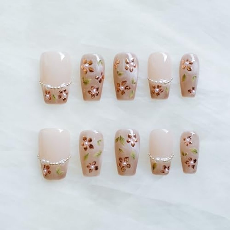 [GLORS] Medium Ballerina Press On Nails, Nude Pink with Rose Gold Foil and Pearl Accents, 10 Pieces (Small, MB)