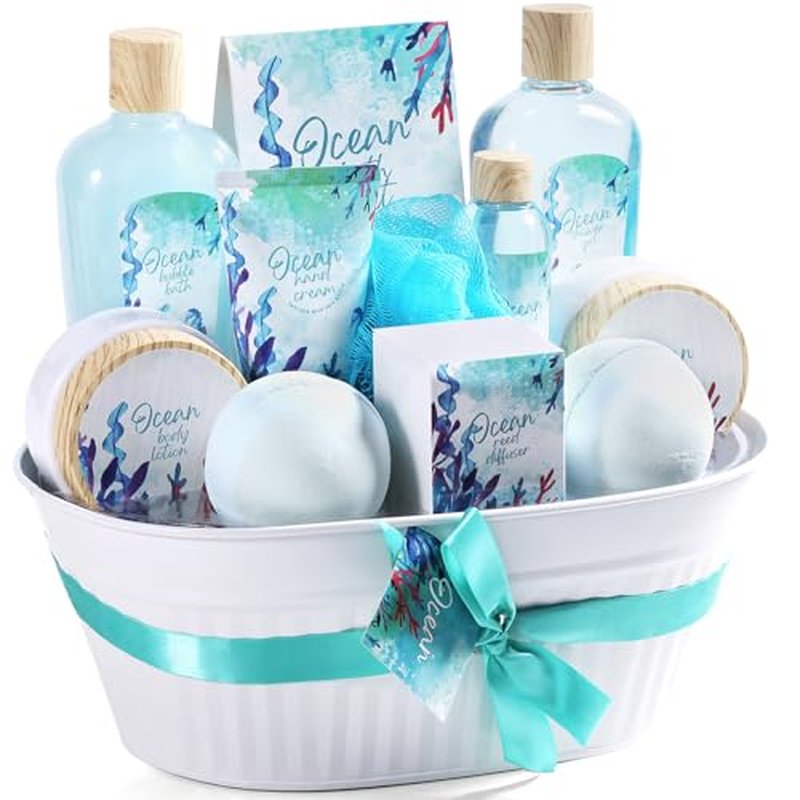 BODY & EARTH Ocean Spa Gift Baskets for Women Gifts for Women Bath and Body Gift Sets 11pcs Bath Sets for Women Gift Mothers Day Gifts Spa Gifts Baskets for Mom