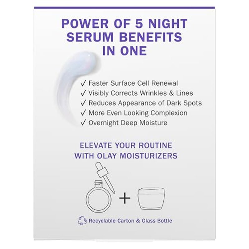 Olay Super Serum Night Repair, Fragrance-Free - Niacinamide, Peptide, Salicylic & Lactic Acid, Glycerin - 5-in-1 Skin Care Benefits - Hydrating, Evens Tone, Reduces Dark Spots, Anti-Aging, 1.7 Oz