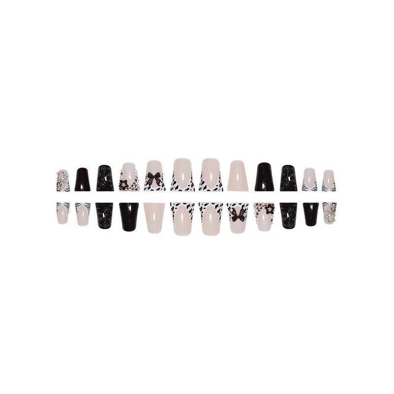 YIHONGYAN Press on Nails Square Short Fake Nails Press ons Nail Art Tips Artificial Acrylic Kit Full Cover Black Duck Mouth False Nails with Cute Bow Star Charms Design Stick on Nails Women 24Pcs