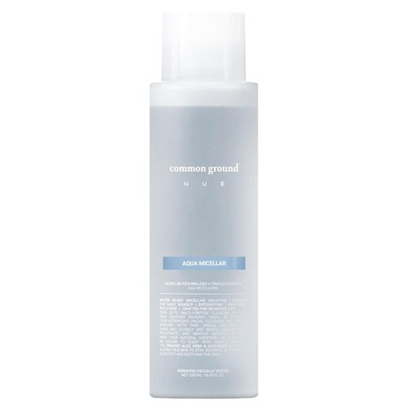 COMMON GROUND NUE Aqua Micellar Water Makeup Remover 3-in-1 Cleanser, Astringent, Makeup Remover, Non-Greasy, No-Rinse, Hydrating, Plant-Based, Organic Aloe Vera & Cucumber, 8.4 Fl Oz