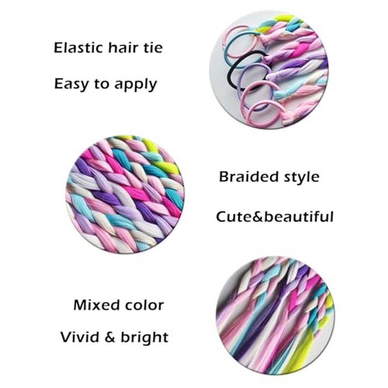 6-Pack Colorful Braided Hair Extensions – Elastic Tie-On Synthetic Braids – Fun and Easy Hairpieces – Cute Ponytail Accessories for Daily Wear, Parties & Gifts