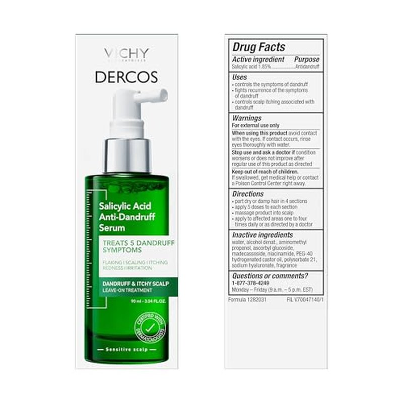 Dercos Salicylic Acid Anti-Dandruff Treatment, Scalp Treatment Targets Dandruff Symptoms & Leaves Head Feeling Hydrated & Soothed, Serum Provides Flake & Itch Relief, 3 Fl. Oz.