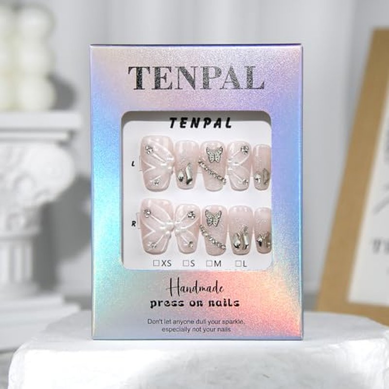 TENPAL Starry Gradient White Coffin Nails,10Pcs Handmade Press on Nails with Kit,3D Ribbon Butterflies & Pearls Glue on Nails,Sultry Minimalist Sparkle Fake Nails Set, Reusable iridescent Nails(XS)