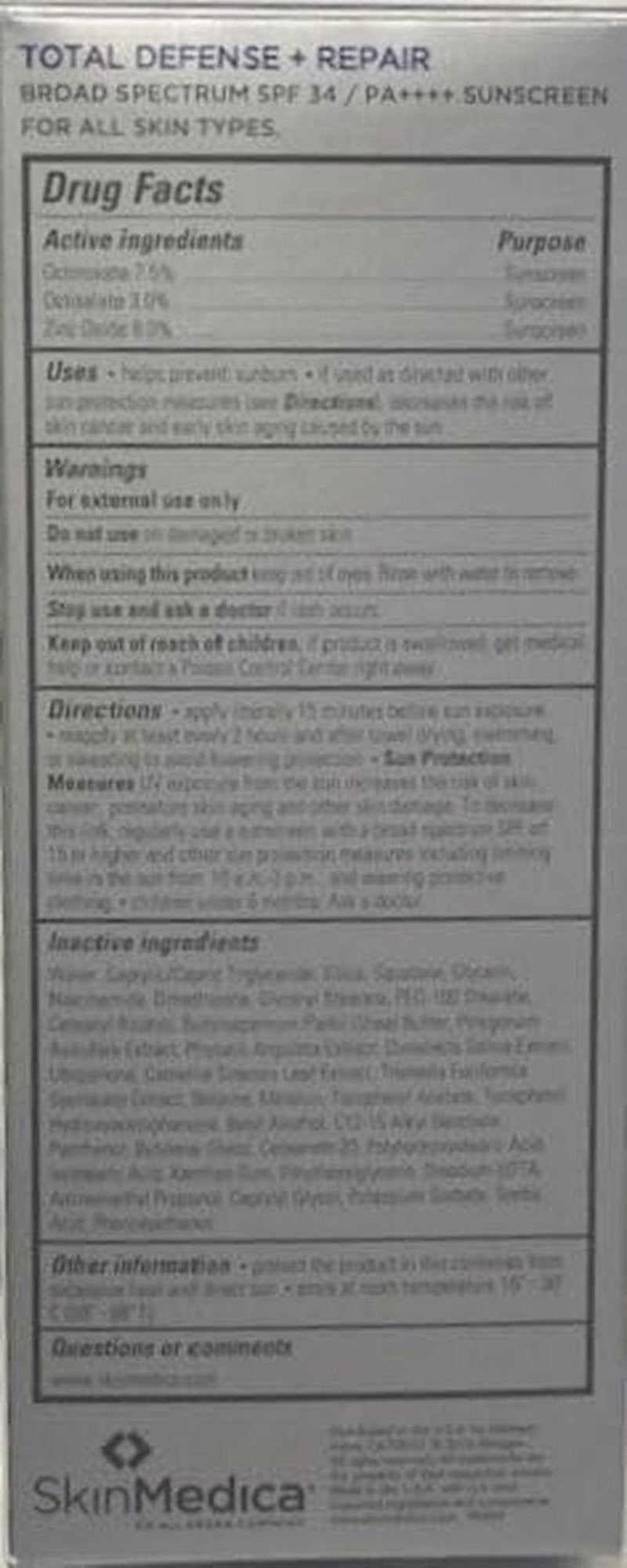 SkinMedica Total Defense + Repair SPF 34 - Broad Spectrum Sunscreen for Face Protection